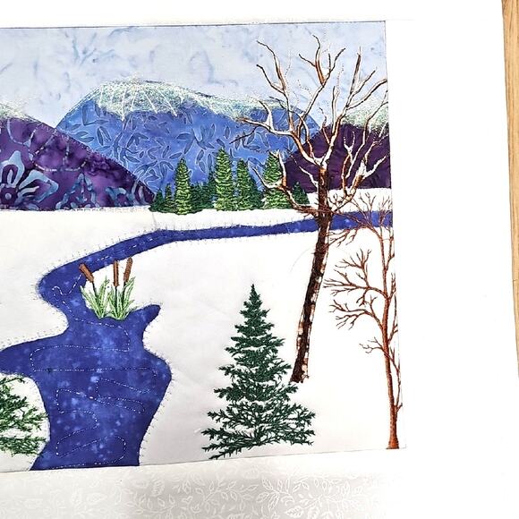 Hand Crafted Embroidered Quilted Wall Art with Winter Scene Cabin in the Woods - Picture 4 of 6